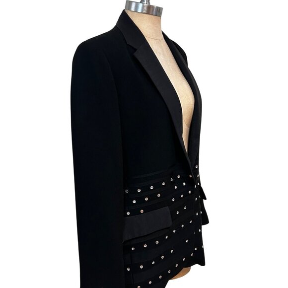 Nanette Lepore Black Rhinestone Blazer Jacket With Satin Lapels Fits Like Size 8 - Picture 2 of 5